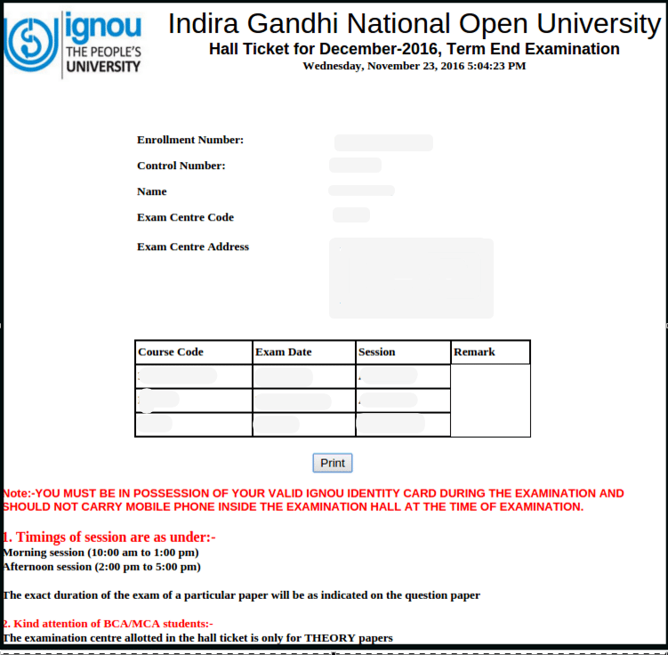 ignou hall ticket dec 2015 bdp